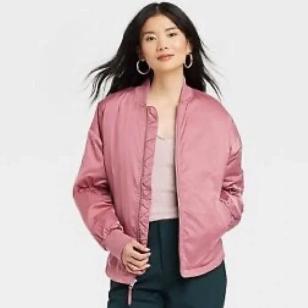 Women's pink satiny Bomber Jacket Water Resistant cute Sz M A New Day sporty …